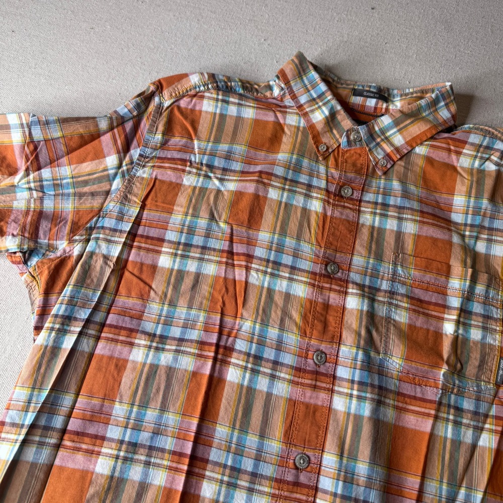 Eddie Bauer Mens XL Orange Plaid Short Sleeve Button Down Shirt 100% Cotton
